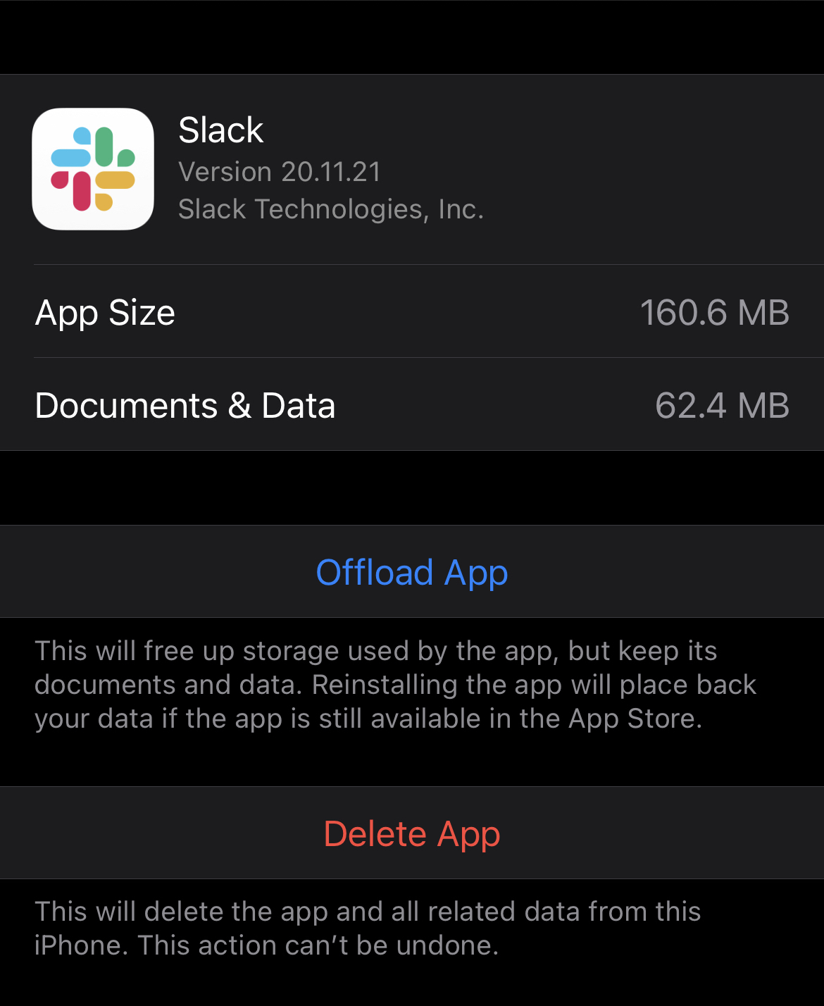 App size in device settings